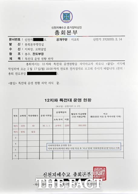서울시가 '새하늘새땅증거장막성전예수교선교회'의 사단법인 설립 허가를 취소했다. 사진은 서울시가 확보한 신천지의 '추수꾼' 활동을 증명하는 내부문서/서울시 제공