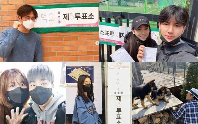 방송인 장성규, 가수 노지훈, 이문세, 혜림, 유은성, 배우 김정화(왼쪽 위부터 시계 방향으로)는 투표를 마친 후 소감을 밝혔다. /장성규, 노지훈, 이문세, 혜림, 김정화 SNS