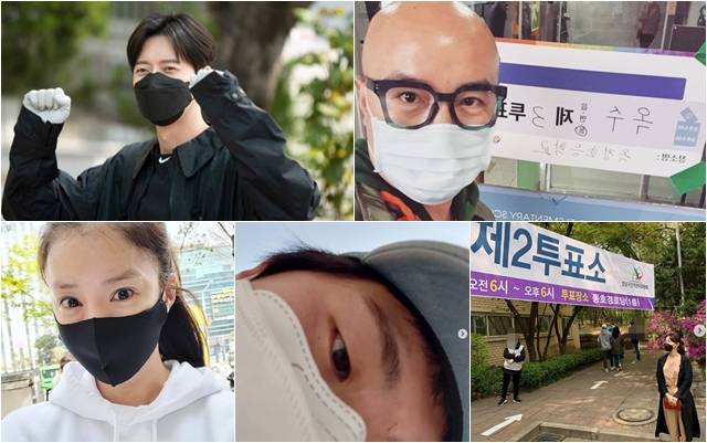 배우 박해진, 방송인 홍석천, 가수 이지혜, 웹툰작가 기안84, 배우 이시영(왼쪽 위부터 시계 방향으로)이 투표 인증 사진을 공개했다. /박해진, 홍석천, 이지혜, 기안84, 이시영 SNS
