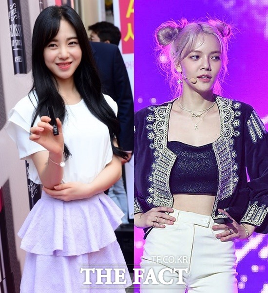 AOA 출신 배우 민아(왼쪽)가 멤버였던 지민의 괴롭힘으로 팀을 탈퇴했다고 폭로했다. 지민은 민아의 글 이후 자신의 SNS에 '소설'이라고 글을 올렸다가 삭제했다. /더팩트 DB